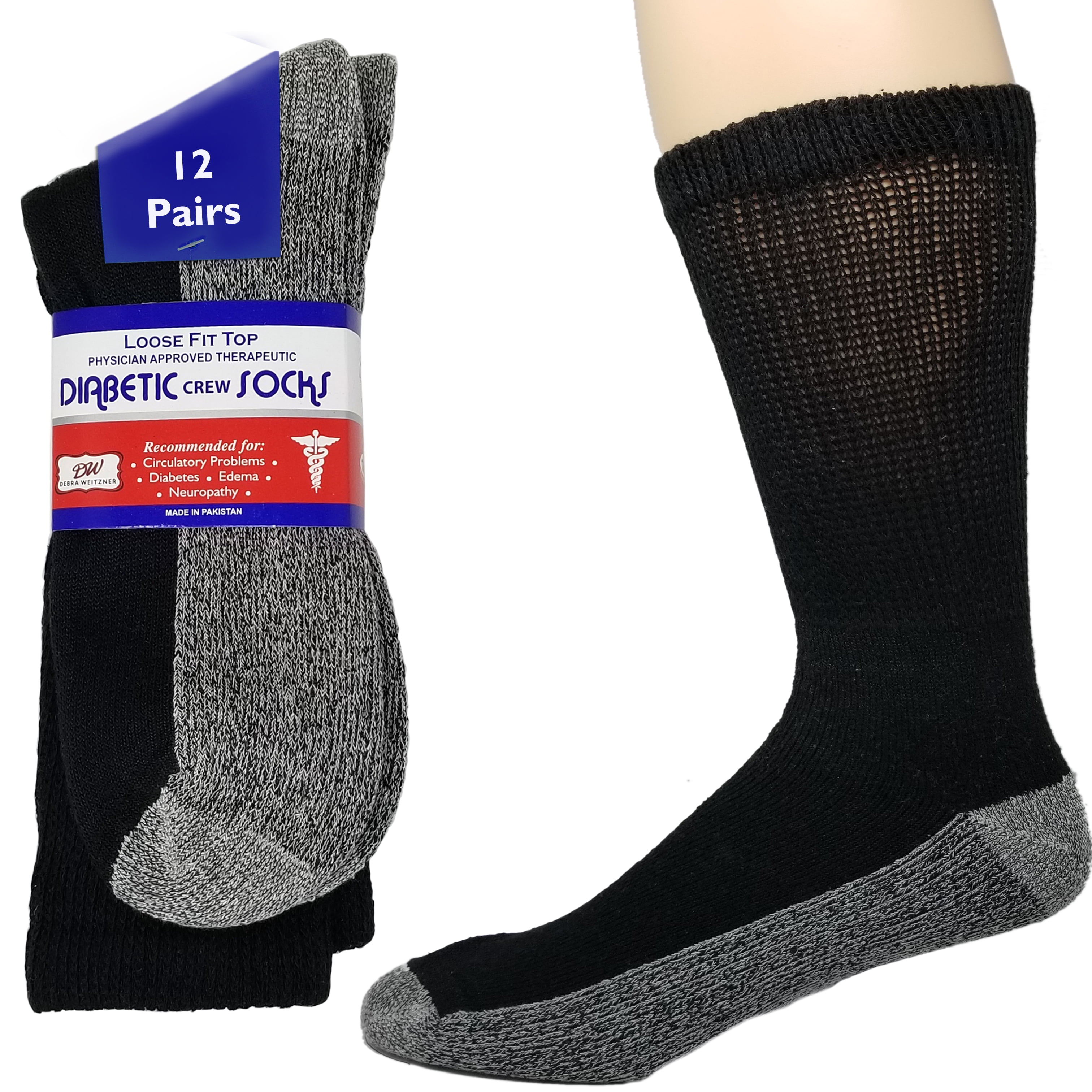 Diabetic Socks Mens Womens Non Binding Reinforced Heel Cushion Socks 12 Pack Crew Blackblack