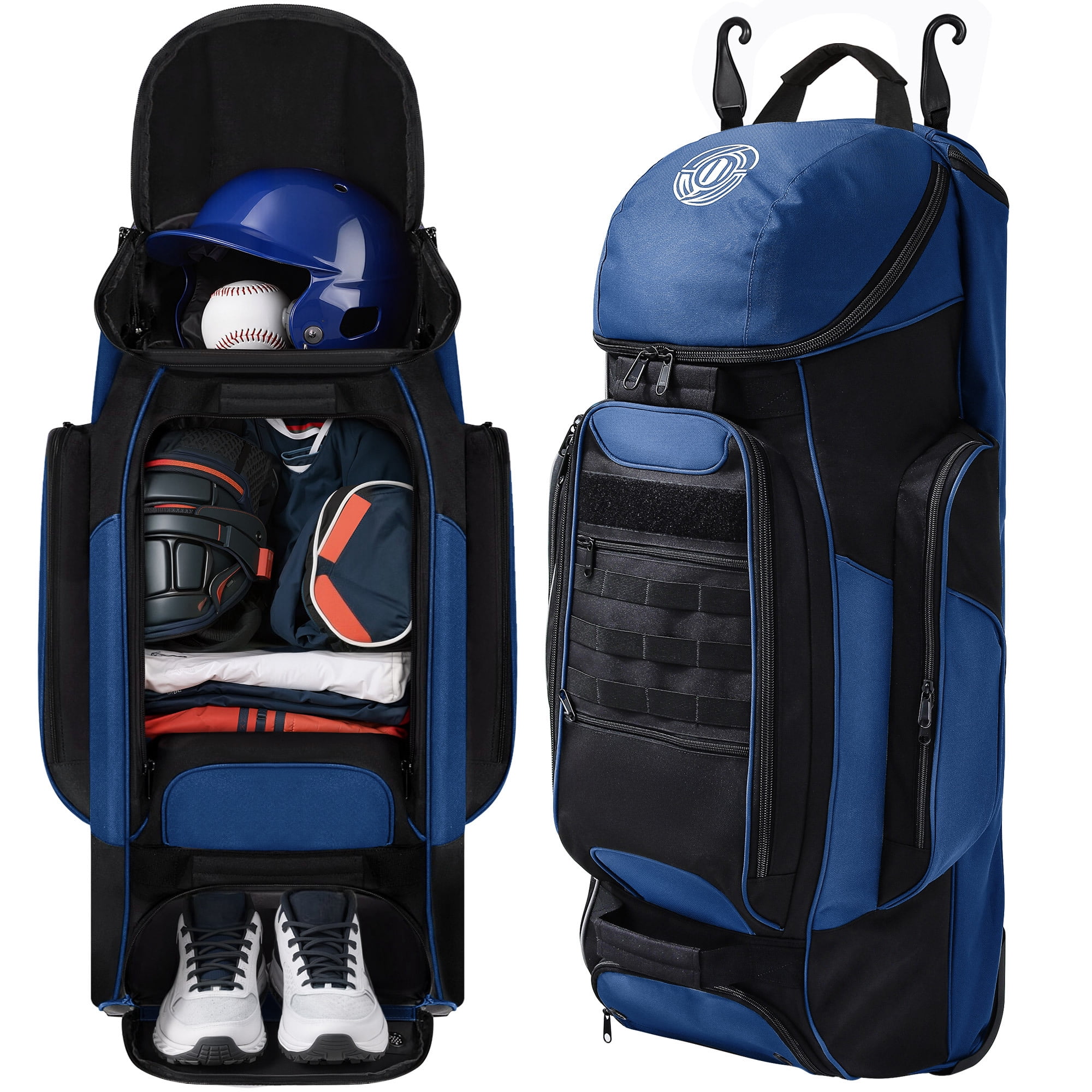 Sturdum Catcher's Gear Bag with Wheels, 99L Rolling Baseball & Softball Equipment Bag with 4 Bat Sleeves, Shoe Compartment, Fence Hooks, Multi-Pocket Storage & Reinforced Base Plate