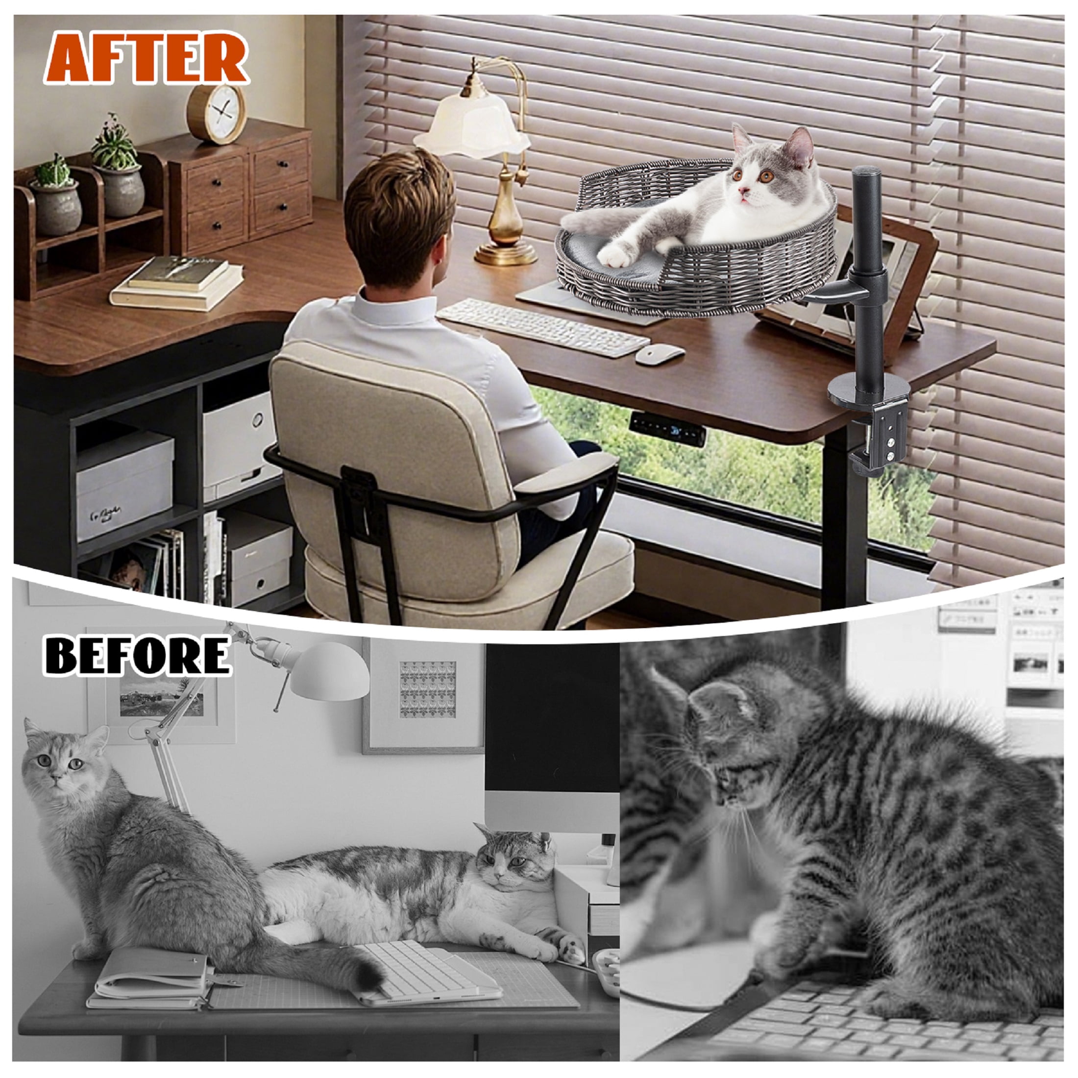 Cat Desk Bed - Kitten Desk Bed with 360° Rotating & Adjustable Height, Elevated Cat Nest Perch for Desk