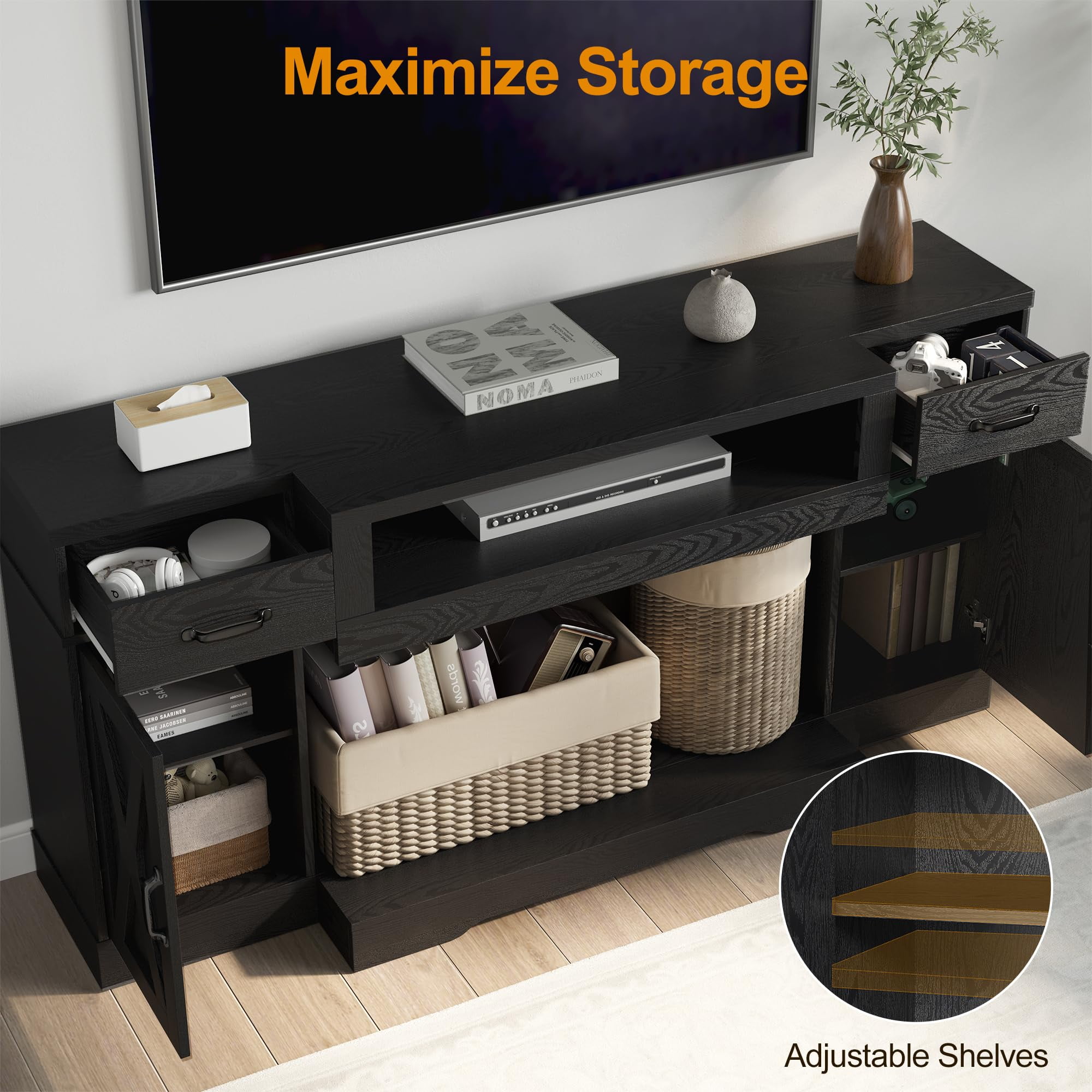 Heynemo Farmhouse TV Stand for TVs up to 75", Media Console Table with Adjustable Shelves, Double-Door Design, Black