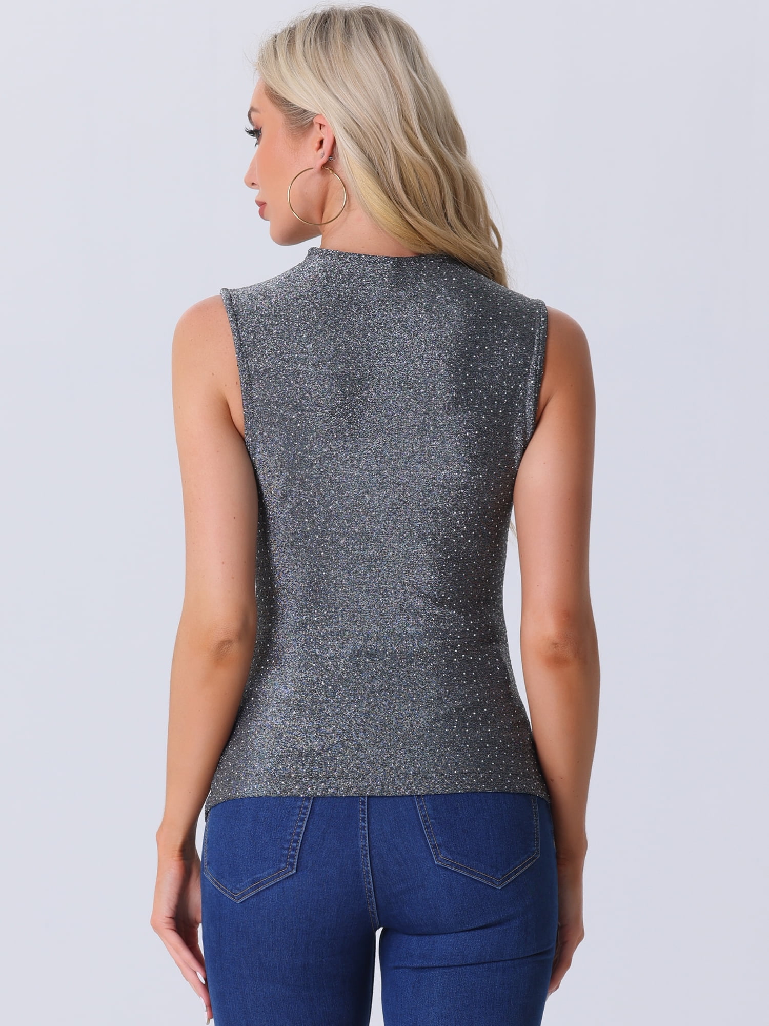 DARING DIVA Women's Mesh Tops Glitter Party Club Sparkly Shirt M Black Silver