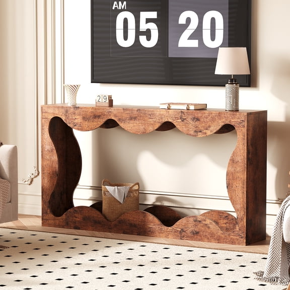 63" Rustic Farmhouse Console Table – Scalloped Edge Narrow Sofa Table with Open Storage Shelf, Space-Saving Wooden Design for Entryway, Living Room or Hallway