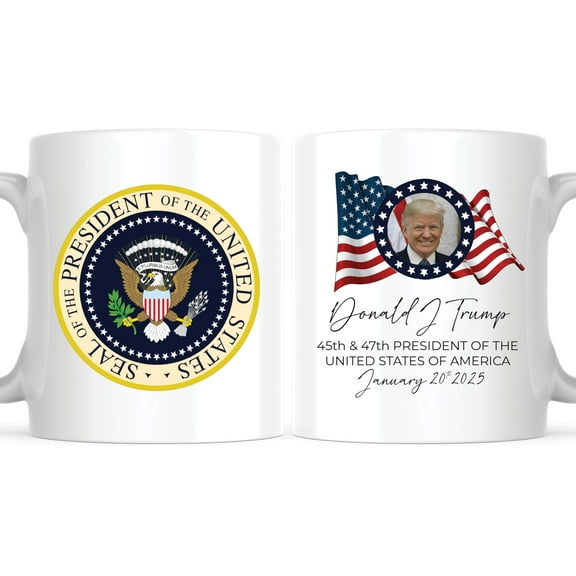 Bliss Monkey Co. Trump 45 and 47 - President Elect Donald J Trump 45 and 47 Merch Merchandise - 11 Ounce Novelty Coffee Mug - Trump and Vance 2024 President - Printed On Both Sides - T475