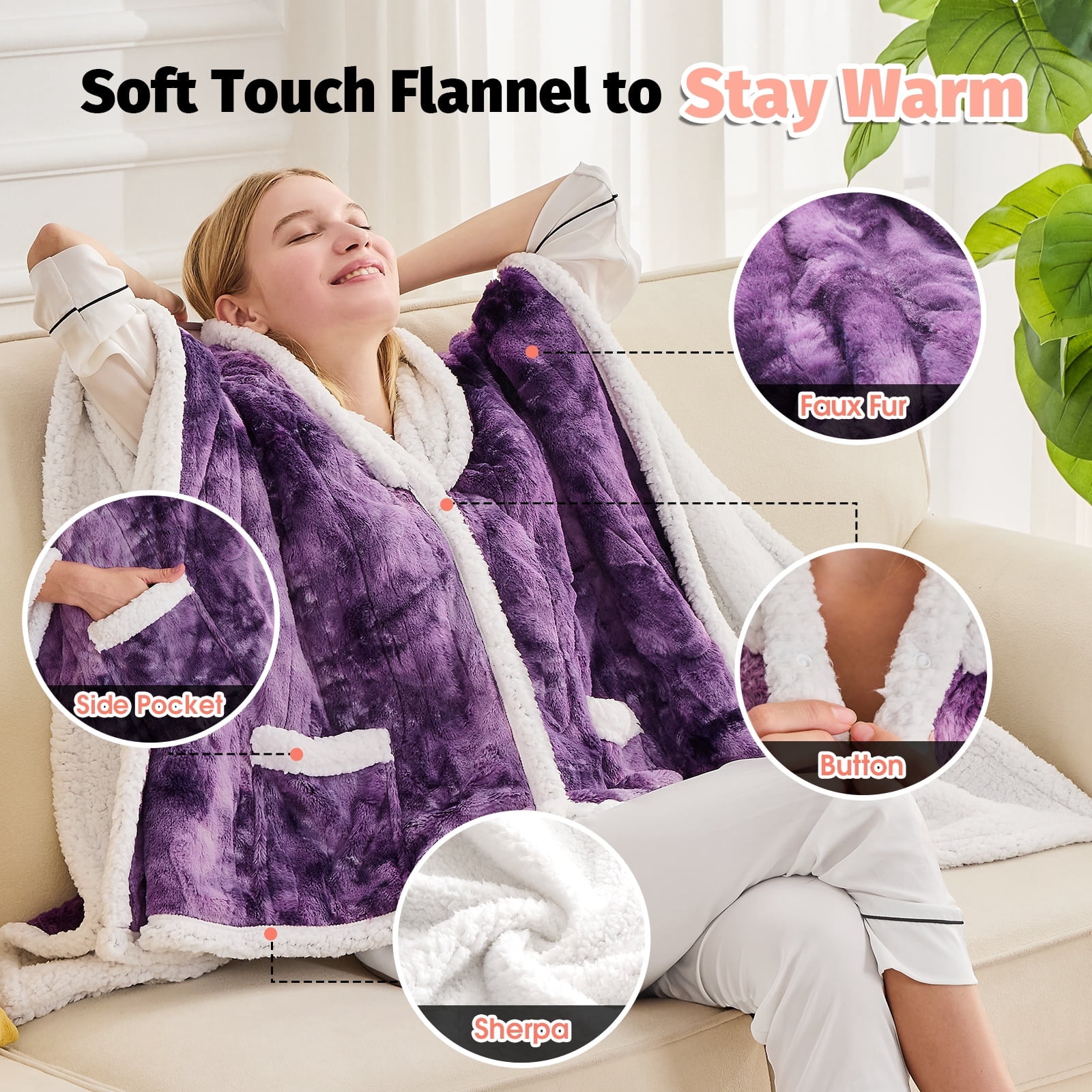 PMONPA Wearable Heated Throw Blanket for Adult, Electric Heated Wrap Poncho Shawl with Pockets, 6 Heating Levels & 2 to 10 Hours Time Settings, 51" x 61", Dyed Purple
