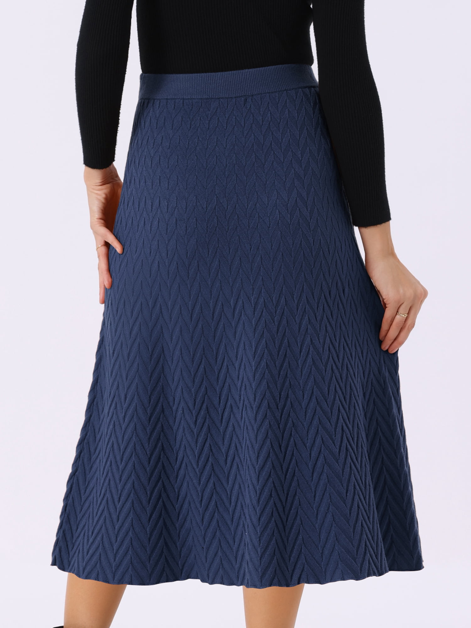 DARING DIVA Women's A-Line Skirts Stretchy Sweater Midi Skirt L Navy Blue