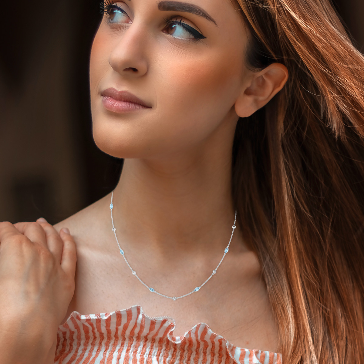 TimeLe$$ Classics Birthstone Jewelry 1 Carat TW Natural Diamond and Pear Shape Aquamarine Gemstone Necklace in 14K White Gold