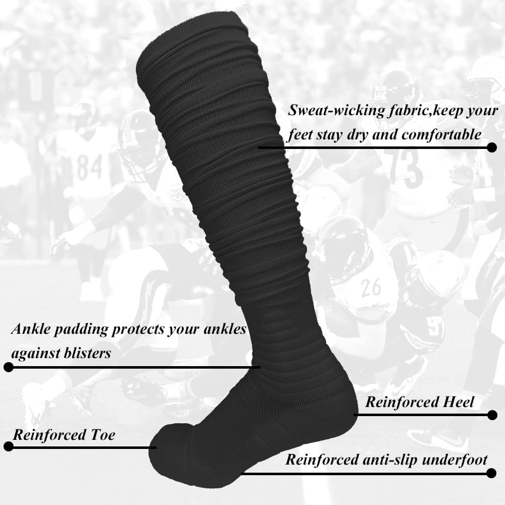 2 Packs Scrunch Football Socks Ultra Long Combed Cotton With Ankle Support Padded Knee High Socks Youth Adult