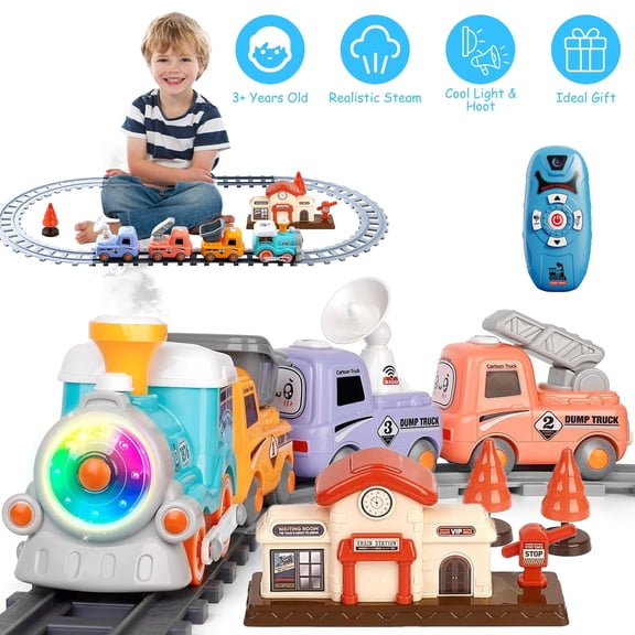 Moclever Electric Train Set Kids Toy with Smokes Light Sound, Remote Magnetic Train Toys with Locomotive 3 Trucks Christmas Gift for 3 Boys Girls