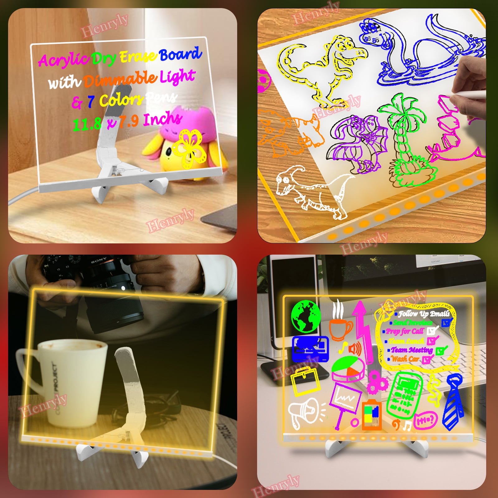 LED Light Up Acrylic Message Board - Colorful Drawing Writing Board 11.8x7.9 Inch
