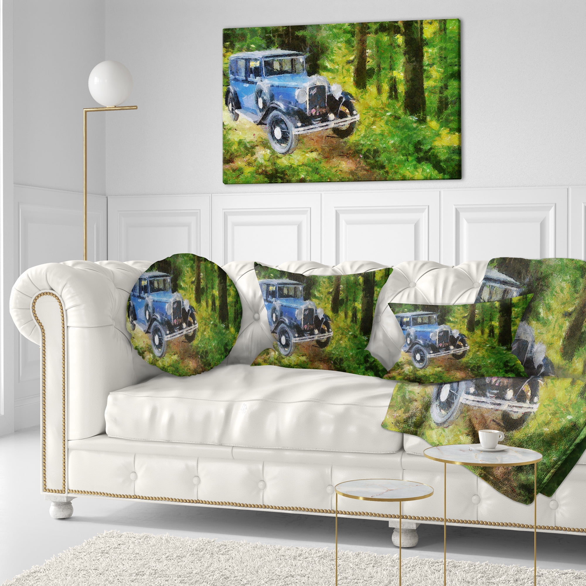 Designart Blue Vintage Car Oil Painting - Car Throw Pillow - 12x20