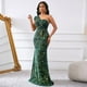 thumbnail image 4 of Vestido largo Cololura con lentejuelas de un solo hombro, color verde sirena, para mujer, 4 of 9