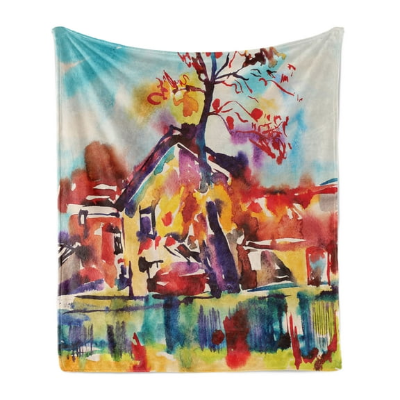 Fine Art Soft Flannel Fleece Blanket, Paintbrush Abstract Countryside Village with Blurry Color Effects Rural Landscape, Cozy Plush for Indoor and Outdoor Use, 50" x 70", Multicolor, by Ambesonne