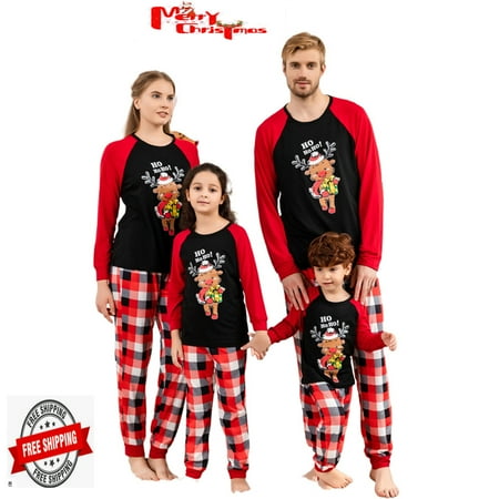 

Sunisery Christmas Family Matching Pajamas Set Long Sleeve Cartoon Reindeer Print T-shirt with Plaid Pants