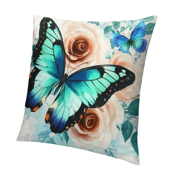 Patifu Teal Blue Ombre Butterfly  Cushion Cases For Kids Boys Girls Turquoise Rose Flower Pillow Covers Wildlife Flying Animal Throw Pillow Covers Spring Nature Rustic Decorative Pillow Covers 12x12in