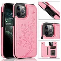 Dteck for iPhone 13 Pro Max Wallet Case with Card Holder, Butterfly Flower Embossed Faux Leather Kickstand Card Slots Case, Handmade Shockproof Protective Slim Soft Flip Phone Case 2021 6.7", Pink