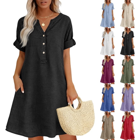 Cotton Linen Dresses for Women 2026 House Lounge Short Sleeve V Neck Button Down Dress Maxi Skirts Pocket Flowy Long Beach Sundresses Over 50 Plus Size Ladies Clothing Tunic Blackish Green