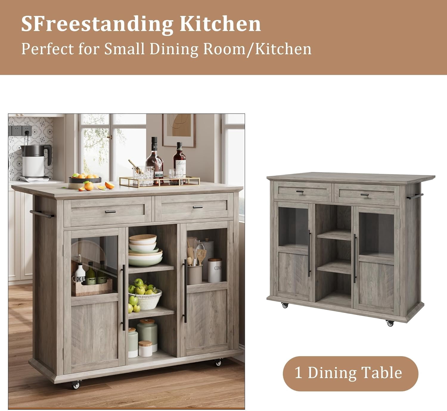 Rolling Kitchen Island Cart with Storage, Foldable Drop Leaf Top, 2 Glass-Door Cabinets, 2 Large Drawers, Spice Rack & Towel Bar, Mobile Kitchen Cart on Lockable Wheels, Grey