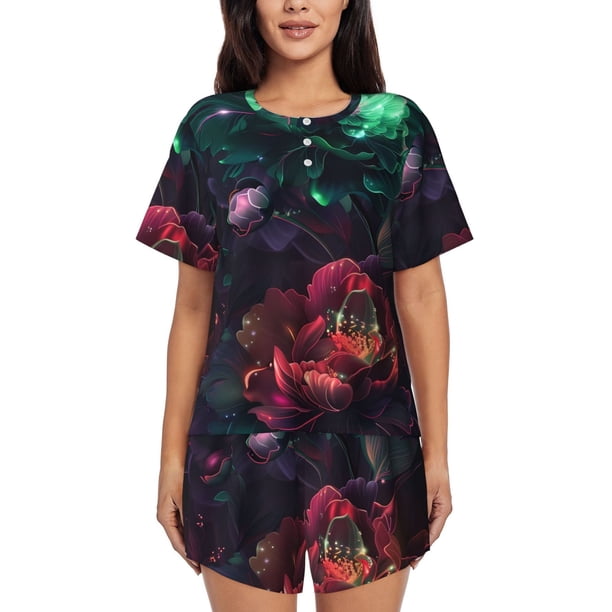 Fotbe Red And Green Carnation Conjunto de Pijama Estampado para Mujer, 2 Piezas, Ropa de Dormir con Camiseta de Manga Corta y Shorts Suaves-Medium