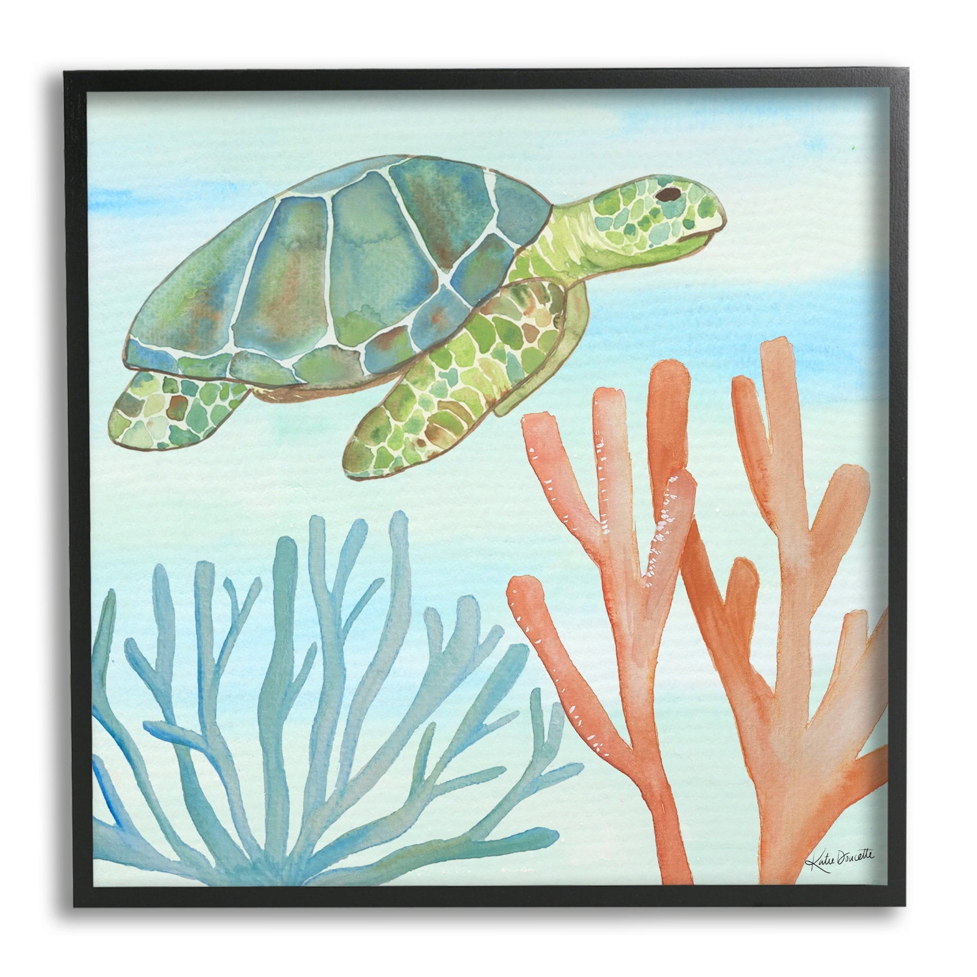 Stupell Industries Green Sea Turtle Floating Underwater Ocean Coral Framed Wall Art, 17 x 30, Design by Katie Doucette
