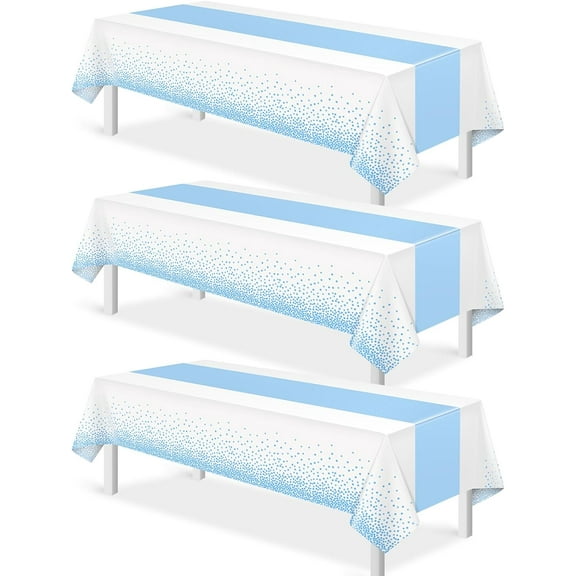 3Pcs White and Light Blue Tablecloth Party Decorations,Plastic White Table Cloth Printed Baby Blue Table Runner Disposable Rectangle Cover for Birthday Baby Shower Wedding Party,54 x108 Inch