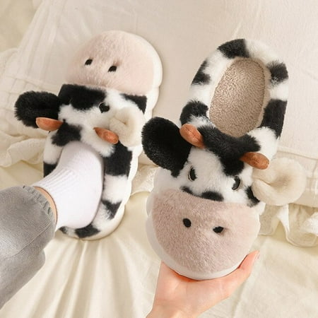 

QWZNDZGR NEW Cute Animal Plush Slippers for Women Girls Fluffy Winter Warm Furry Slippers Woman Cartoon Milk Cow Home Cotton Shoes Slides