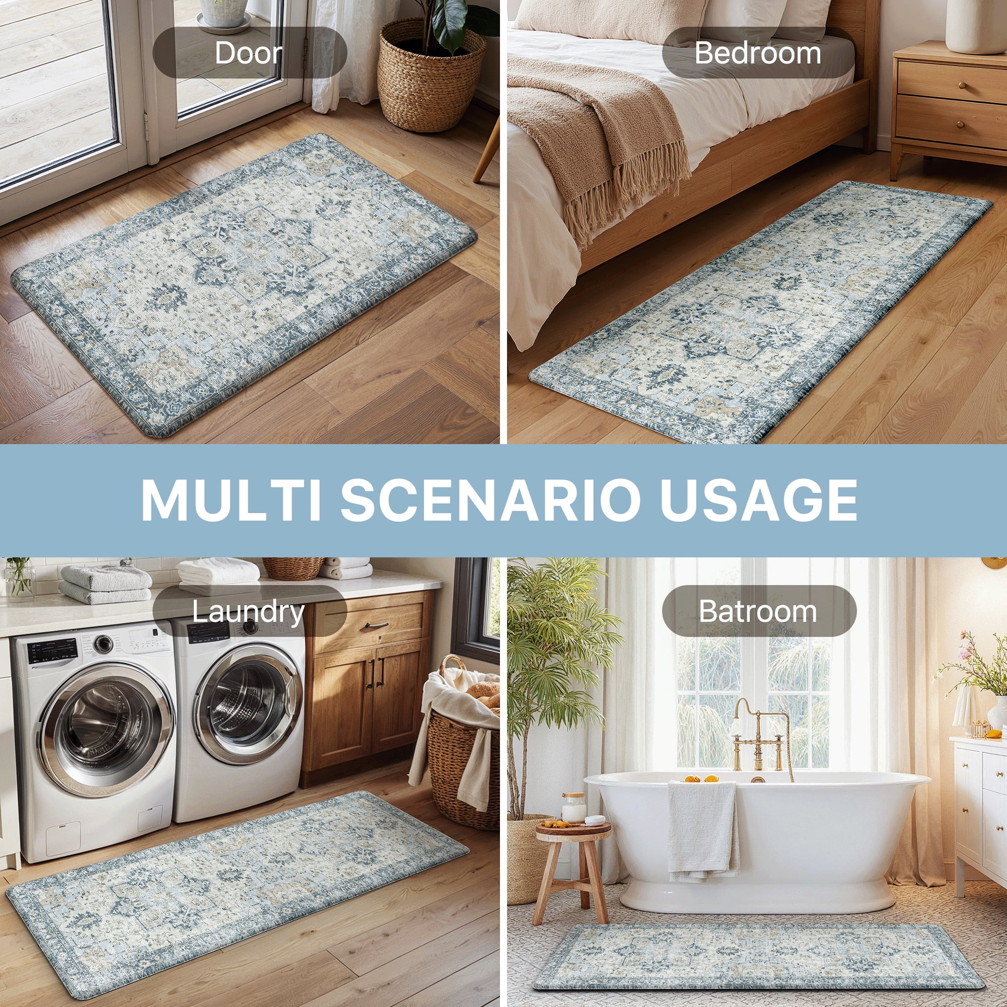 KUETH Kitchen Rug for Floor, Kitchen Mat Anti Fatigue, Non Slip Washable Kitchen Rug, Set of 2 Kitchen Mat 17"x47"+17"x30", Blue