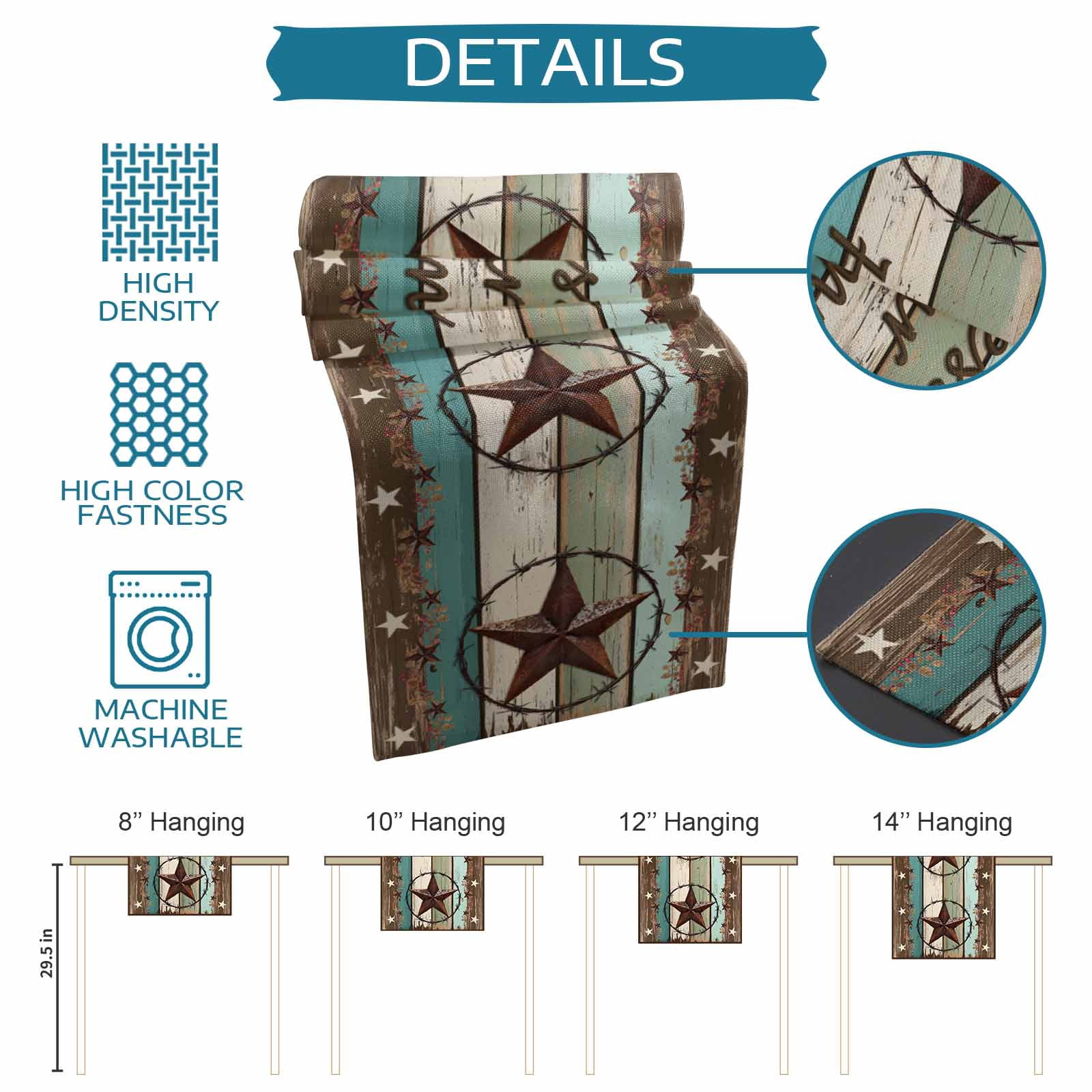 nqOlkjepod West Texas Star Rustic Table Runner 72 Inches Long Farmhouse Dress Scarves, Farmhouse Teal Green Wood Plank Dining Tablerunner for Coffee Table/Kitchen Island/Party Décor, 13" x 72"