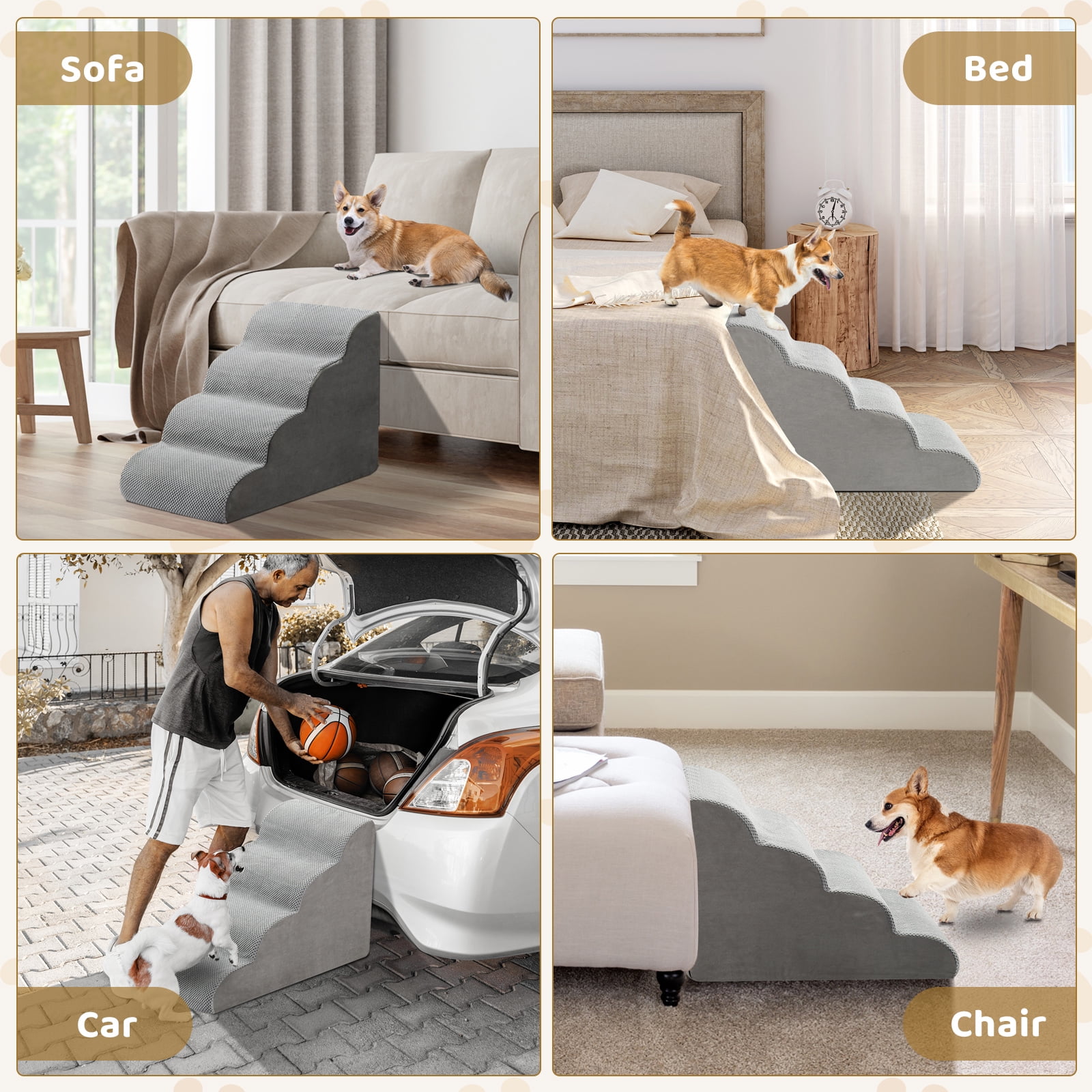 Kadyn 4 Steps Pet Stairs for Dogs and Cats - Gray