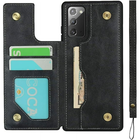 Galaxy Note 20 Wallet Case with Card Holder, Luxury PU Leather Kickstand Card Slots,Double Magnetic Clasp and Flip Wrist Strap Multi-Function Case for Samsung Galaxy Note 20 6.7",Black