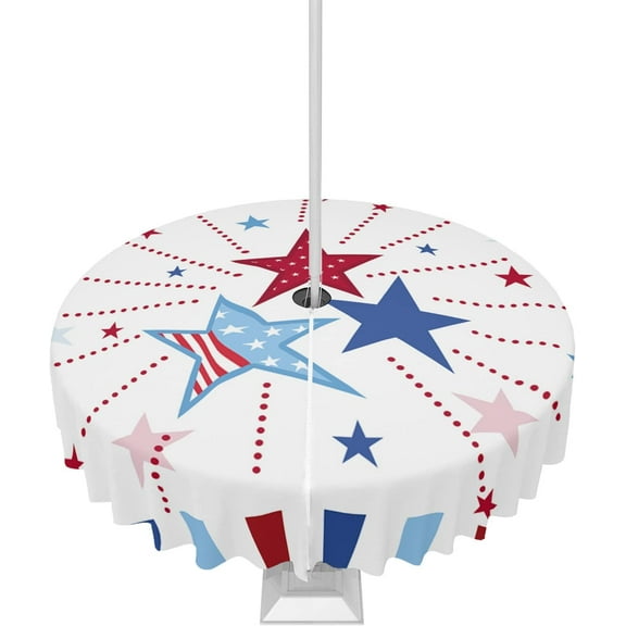 4th of July Tablecloth with Umbrella Hole and Zipper Freedom Patriotic Stars Round Outdoor Tablecloths 60 Inch Table Cloths Firework Red White and Blue Patio Table Cloth Cover for Independence Day
