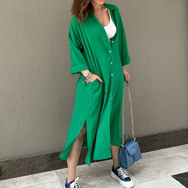 Camisa De Vestir Cárdigan con botones para mujer, vestido camisero informal con abertura lateral, vestido camisero suelto para la playa Kuymtek Verde M para Mujer
