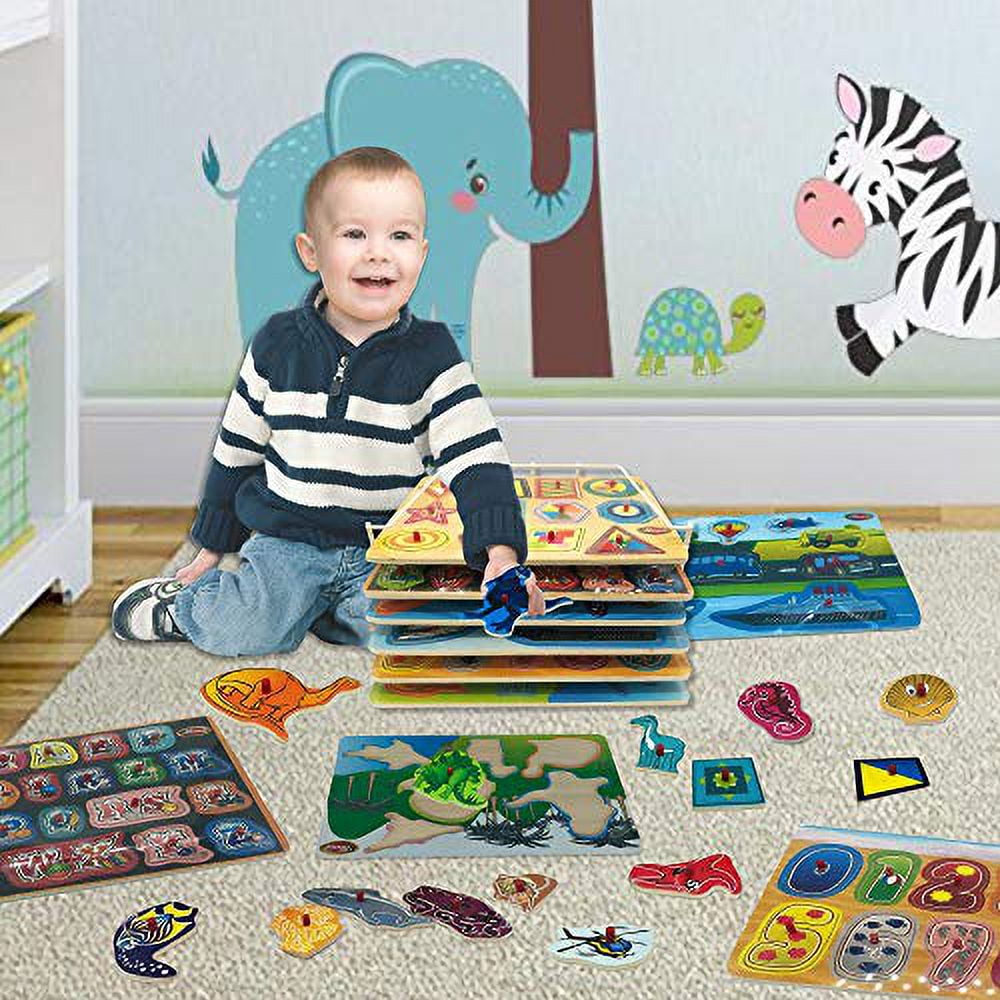 Hoovy Baby Peg Puzzle 6-in-1 Set - 6 Different Themed Educational Knob Puzzles - Alphabet, Numbers, Sea Life, Dinosaurs, Shapes & Vehicles - Bonus: Storage