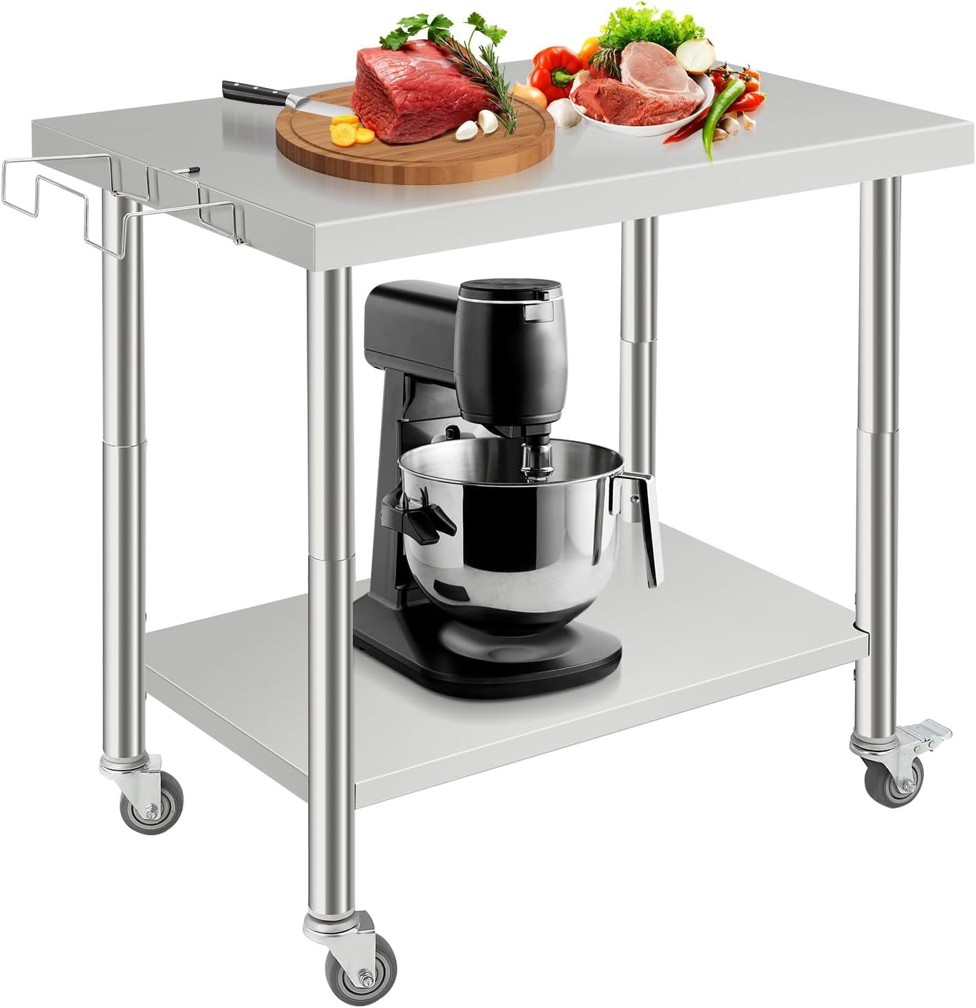 Tuekys Stainless Steel Table with Hooks,Metal Prep Table with Backsplash & Adjustable Undershelf,Curved Edge,Heavy Duty Food Prep Worktable for Home