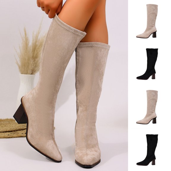 Womens Comfort Winter Casual High Heel Knee High Boots Pointed Toe Suede Side Zipper Dress Shoes Khaki 8.5(42)