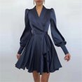thumbnail image 2 of Pompotops Mode Femmes Manches Longues V-Cou Solide Robe Formelle Volants Parti Drees, 2 of 6