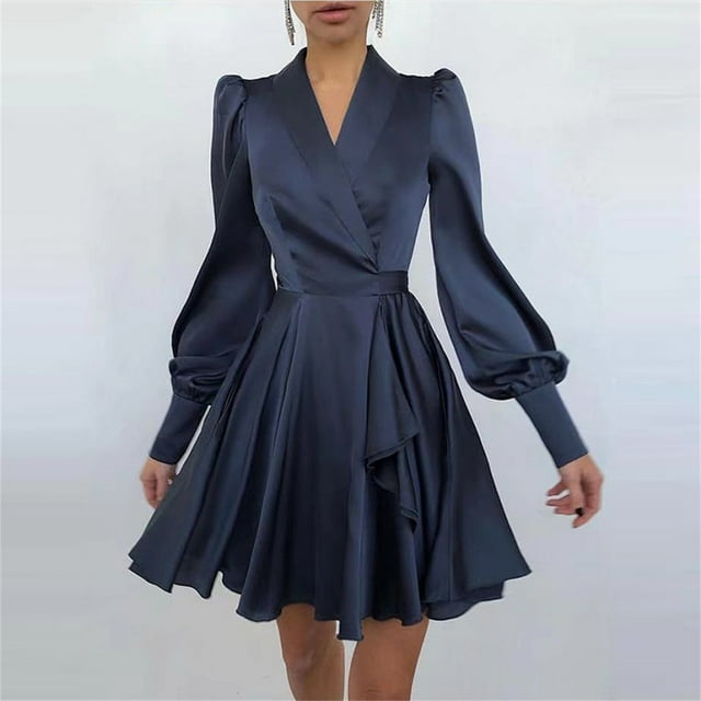 Mikilon Robe Formelle Unie à Manches Longues et Col en V pour Femmes, Volants, Robe de Soirée