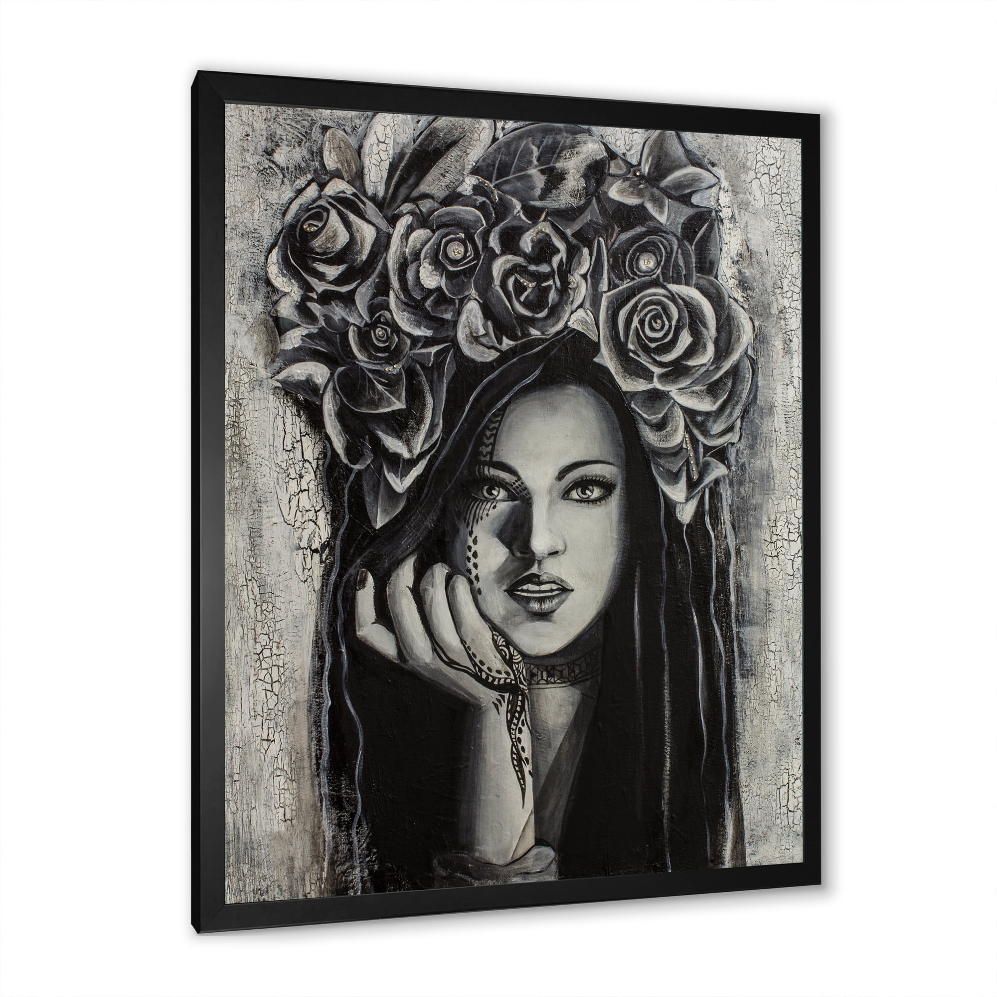 Designart 'Portrait Of A Young Woman With Flowers III' Modern Framed Art Print