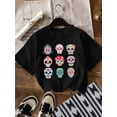thumbnail image 1 of Halloween T-shirt - Women'S Vibrant Skull Graphic T-Shirt - Green Casual Crew Neck Tee with Colorful Dia de los Muertos Designs, Short Sleeve, Cotton for Spring & Fall, 1 of 6
