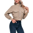 thumbnail image 3 of Long Sleeve Stand Collar Solid Women Zipper Bomber Jacket Motorcycle Crop Coat, 3 of 6