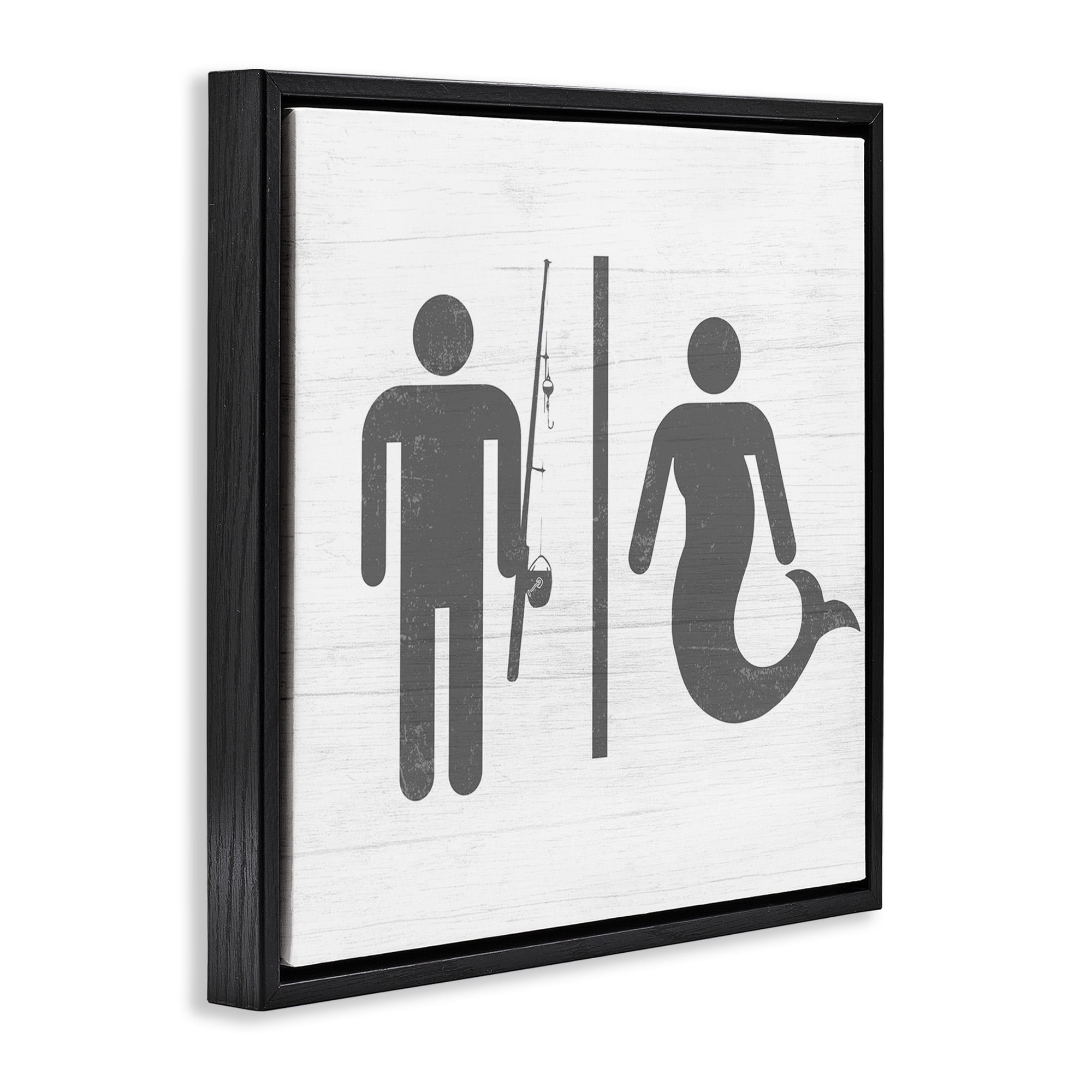 Stupell Industries Fisherman or Mermaid Bathroom Typography Painting Black Floater Framed Canvas Art Print Wall Art, 18 x 18