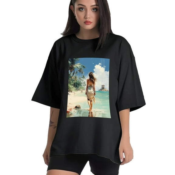 Plus Size Shirt for Women Black Tops for Women Short Sleeves Shirt for Women Seaside (76) T Shirt Crewneck Shirt for Women XS