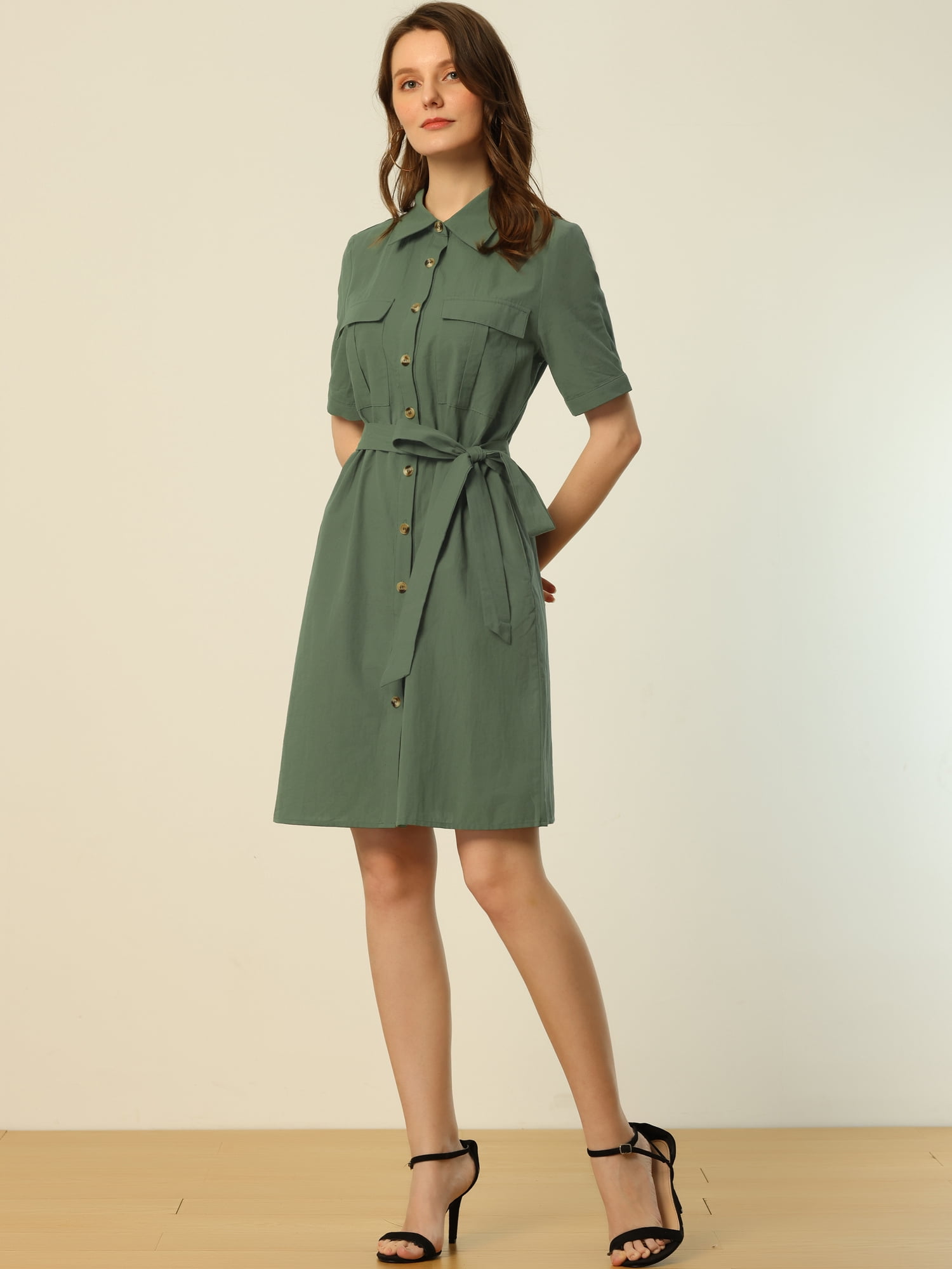 DARING DIVA Collared Short Sleeve Pocket Belt Button up Shirt Dress 3XL Army Green