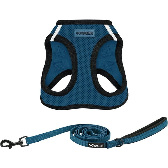 Voyager Step-in Air All Weather Mesh Harness and Reflective Dog 5 ft Leash Combo with Neoprene Handle, for Small, Medium and Large Breed Puppies - Blue/Black Trim, Small