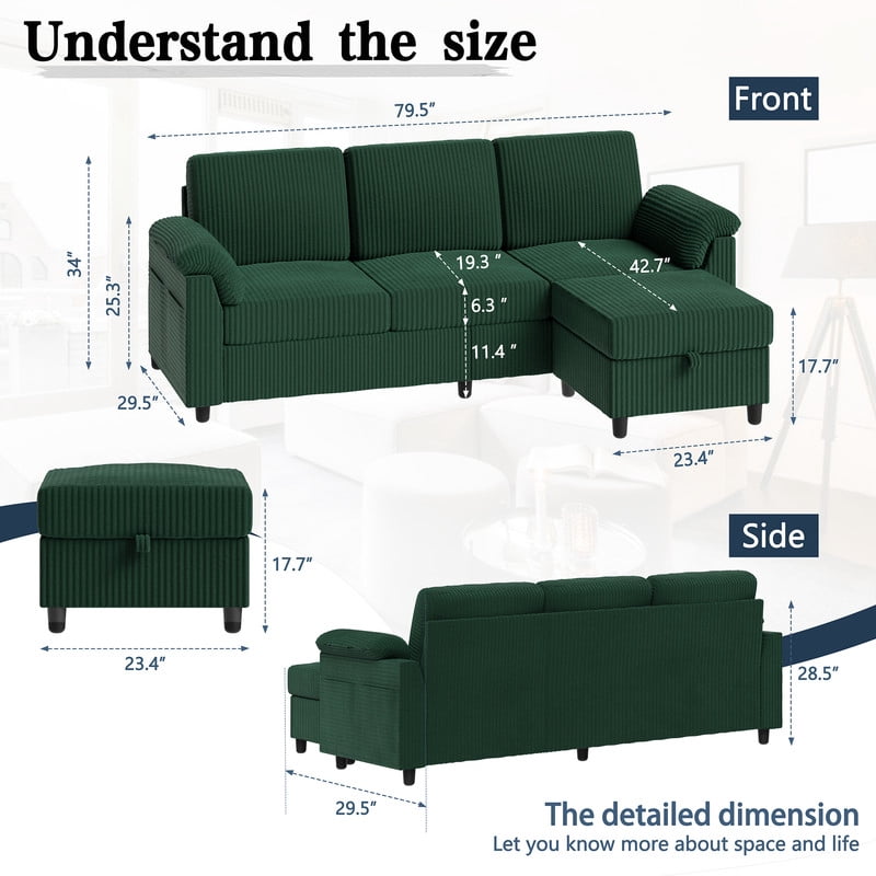 Walsunny 79" Convertible Sectional Sofa, L Shaped Sofa Couch with Reversible Chaise for Living Room Modern Linen Fabric for Living Room, Green