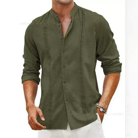Yiaimeir Men's Solid Color Casual Cardigan Button-up Collar Long-sleeved Shirt，Size M-3XL