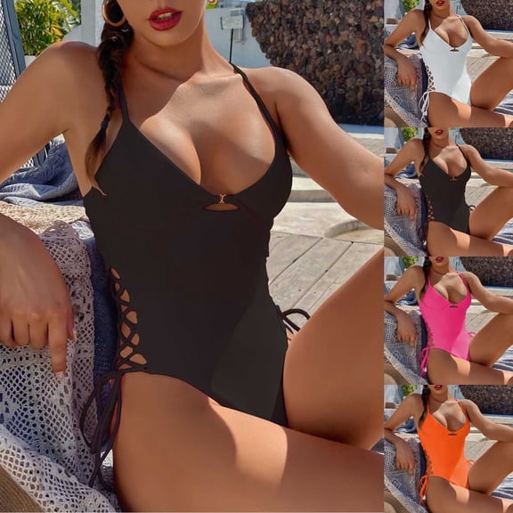 Sawvnm Womens One Piece Bathing Suit Sexy Color Matching Hollow Out Siamese Swimsuits Bikini Print Beachwear Set Swimsuits Black L