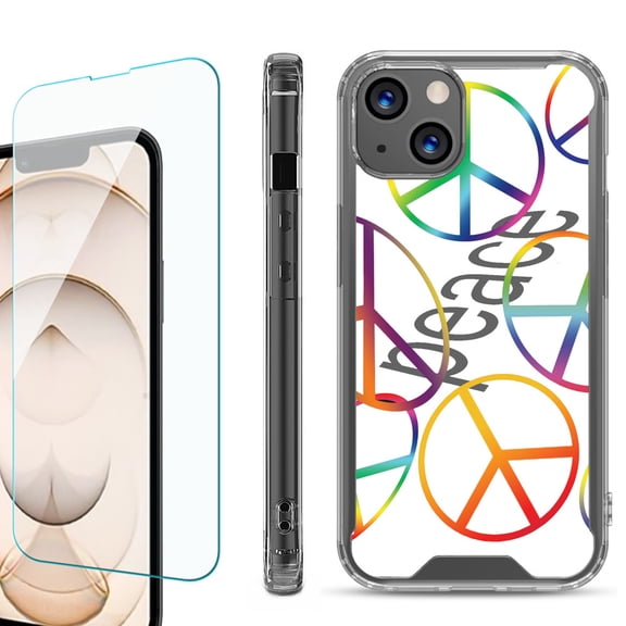 Shockproof Bumper Phone Case for iPhone 13, with Tempered Glass Screen Protector, by OneToughShield ® - Colorful Peace