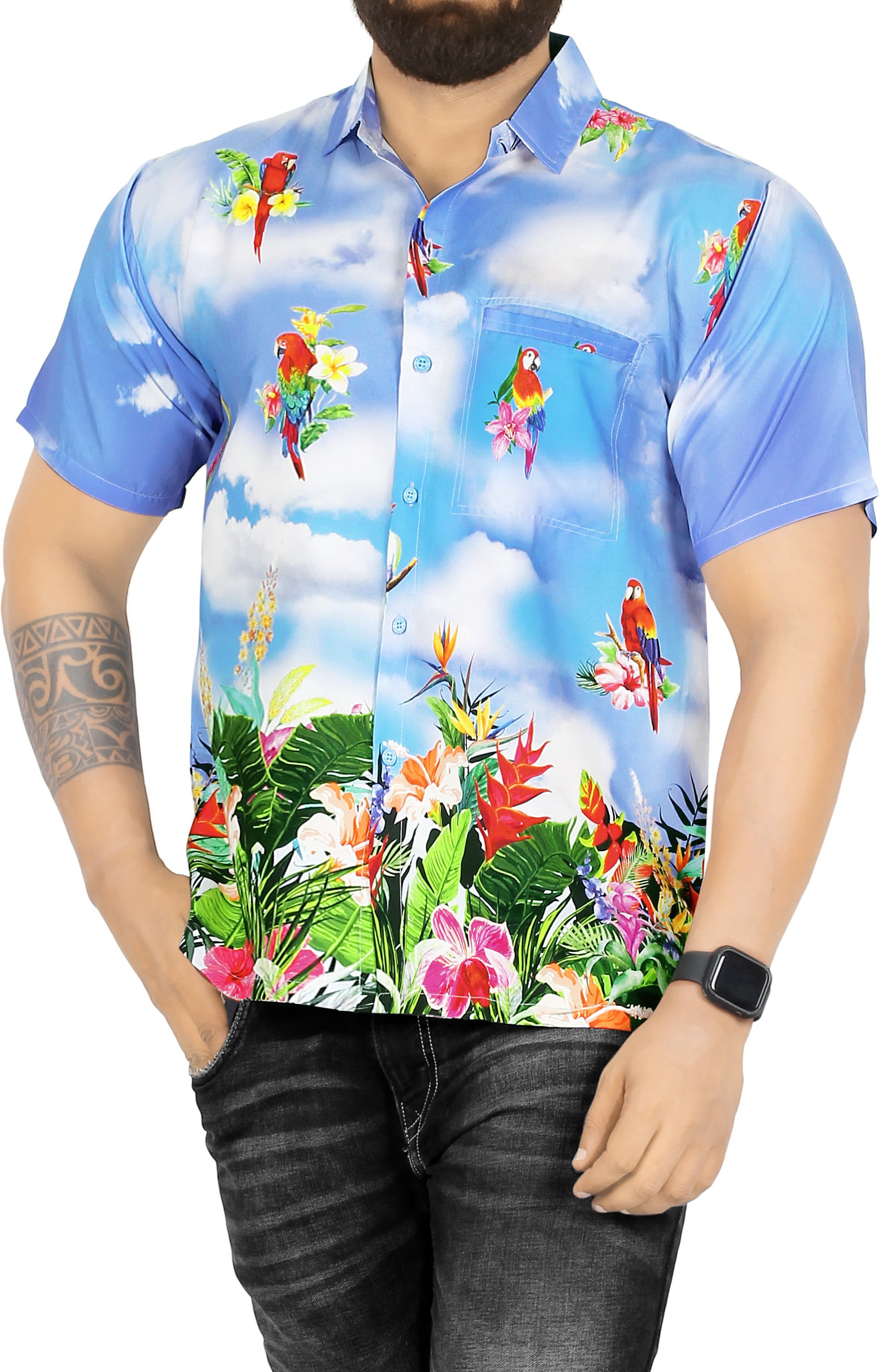 EELa Mens Short Sleeve Printed Floral Flower Casual Button Down Shirt Summer Hawaiian