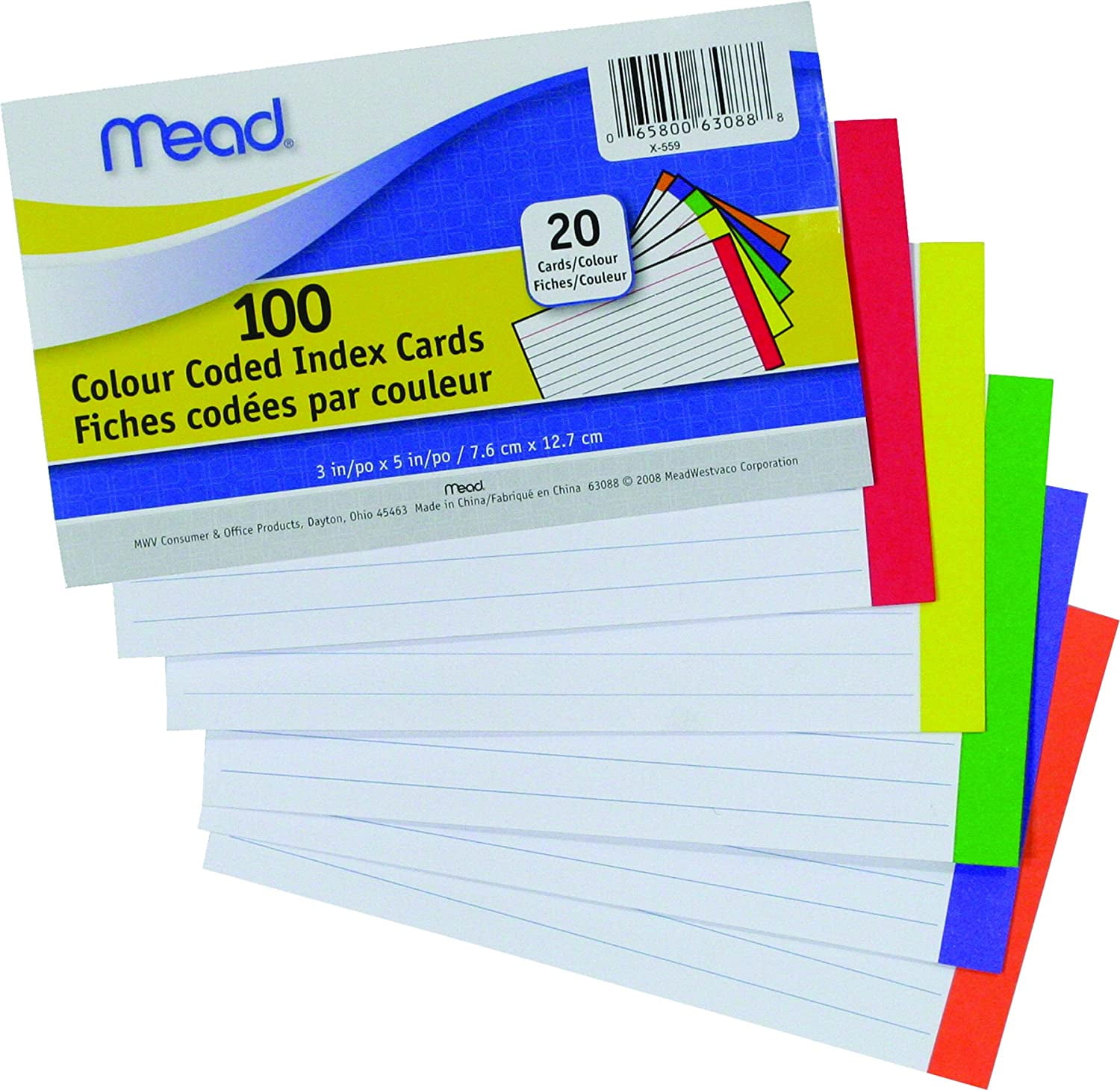 Mead 63088 Color Coded Index Cards, Ruled, 3x5Inch, 100Count