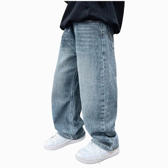 CAICJ98 Boys Jeans Baggy Vintage Straight Leg Denim Cargo Pants with Pockets Boys Baggy Jeans (Blue,13-14 Years)